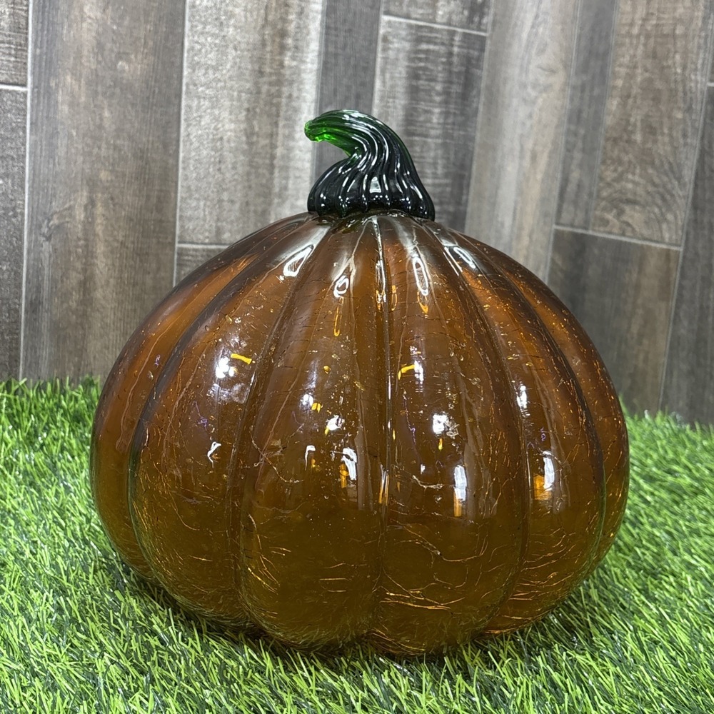 Vintage Large Amber Crackle Glass Pumpkin Pacific Rim MCM Style Halloween Decor